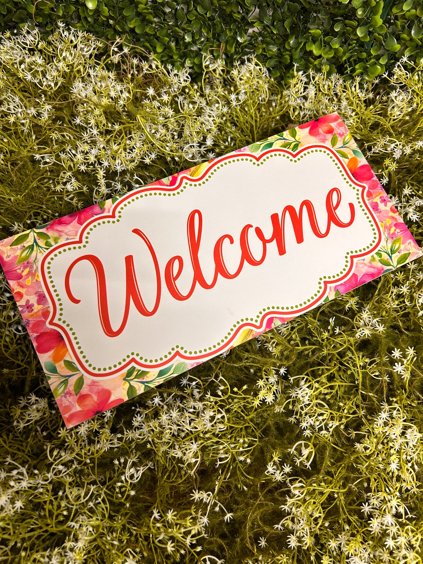 12.5 Inch By 6 Inch White Green And Pink Floral Frame Welcome Wood Sign