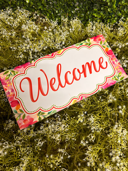 12.5 Inch By 6 Inch White Green And Pink Floral Frame Welcome Wood Sign