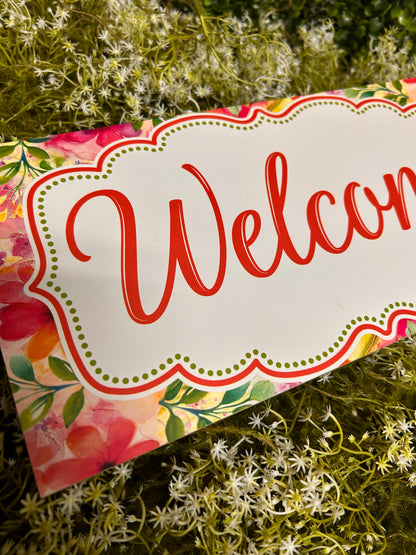 12.5 Inch By 6 Inch White Green And Pink Floral Frame Welcome Wood Sign