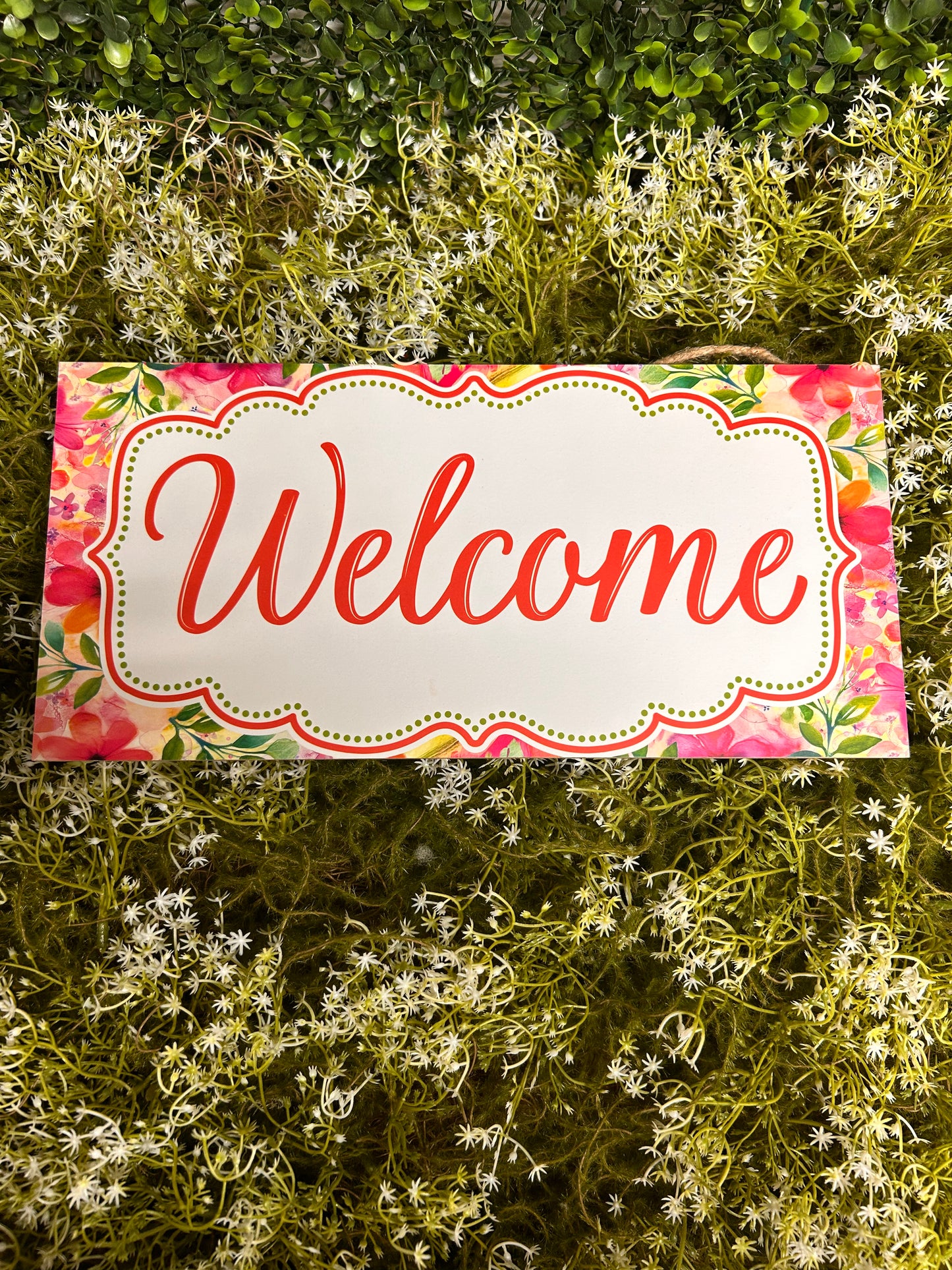 12.5 Inch By 6 Inch White Green And Pink Floral Frame Welcome Wood Sign