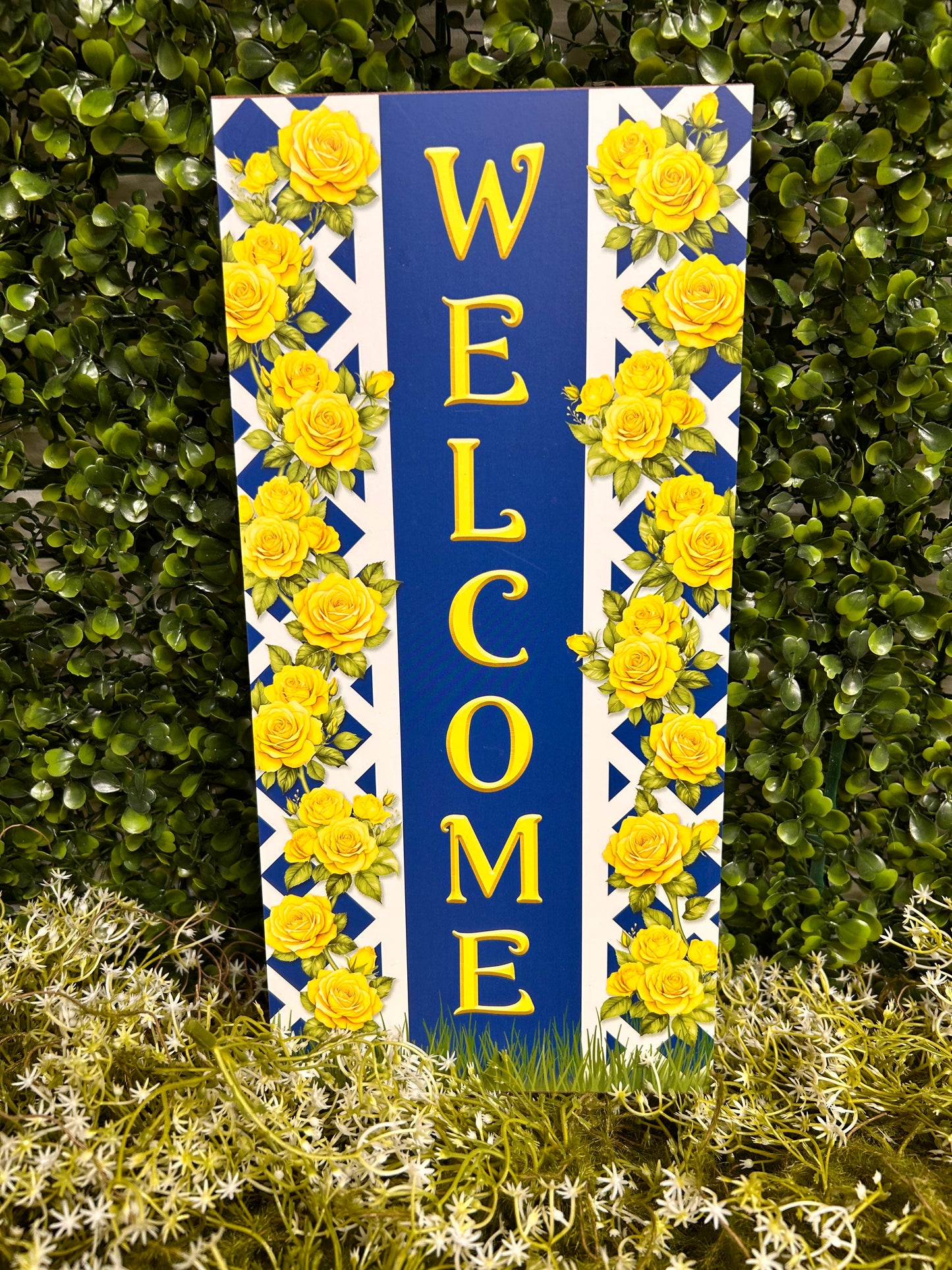 12.5 Inch By 6 Inch Royal Blue And Yellow Welcome With Yellow Rose Trellis Wood Sign
