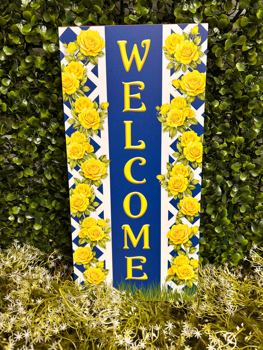 12.5 Inch By 6 Inch Royal Blue And Yellow Welcome With Yellow Rose Trellis Wood Sign
