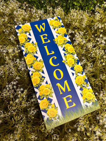 12.5 Inch By 6 Inch Royal Blue And Yellow Welcome With Yellow Rose Trellis Wood Sign