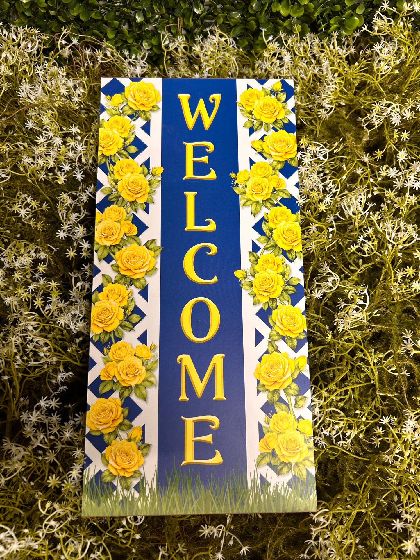 12.5 Inch By 6 Inch Royal Blue And Yellow Welcome With Yellow Rose Trellis Wood Sign
