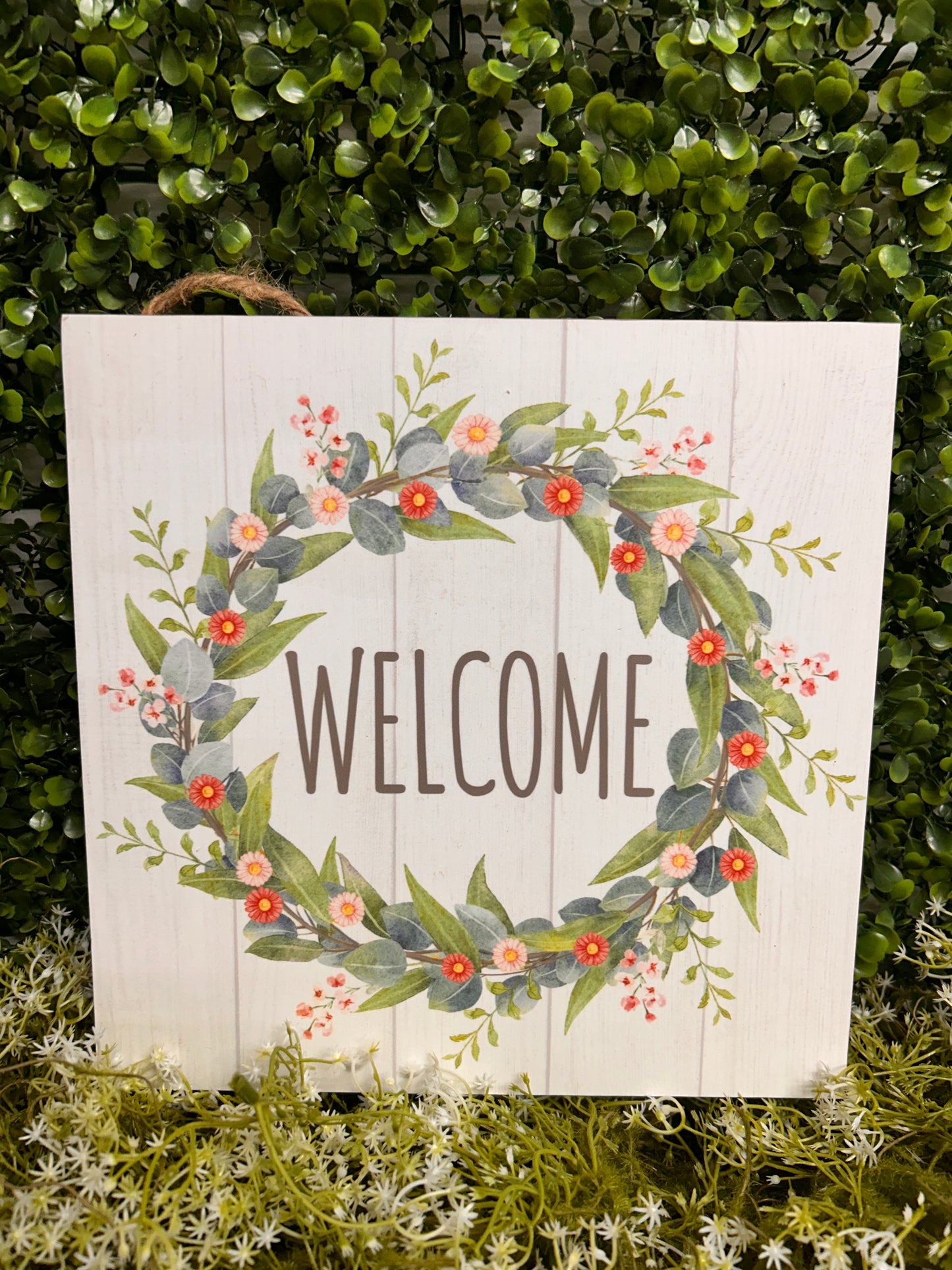 10 Inch Green Blue And Coral Spring Wreath Welcome Wood Sign