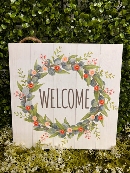 10 Inch Green Blue And Coral Spring Wreath Welcome Wood Sign