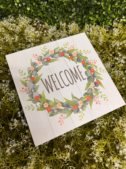 10 Inch Green Blue And Coral Spring Wreath Welcome Wood Sign