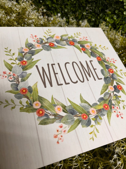 10 Inch Green Blue And Coral Spring Wreath Welcome Wood Sign