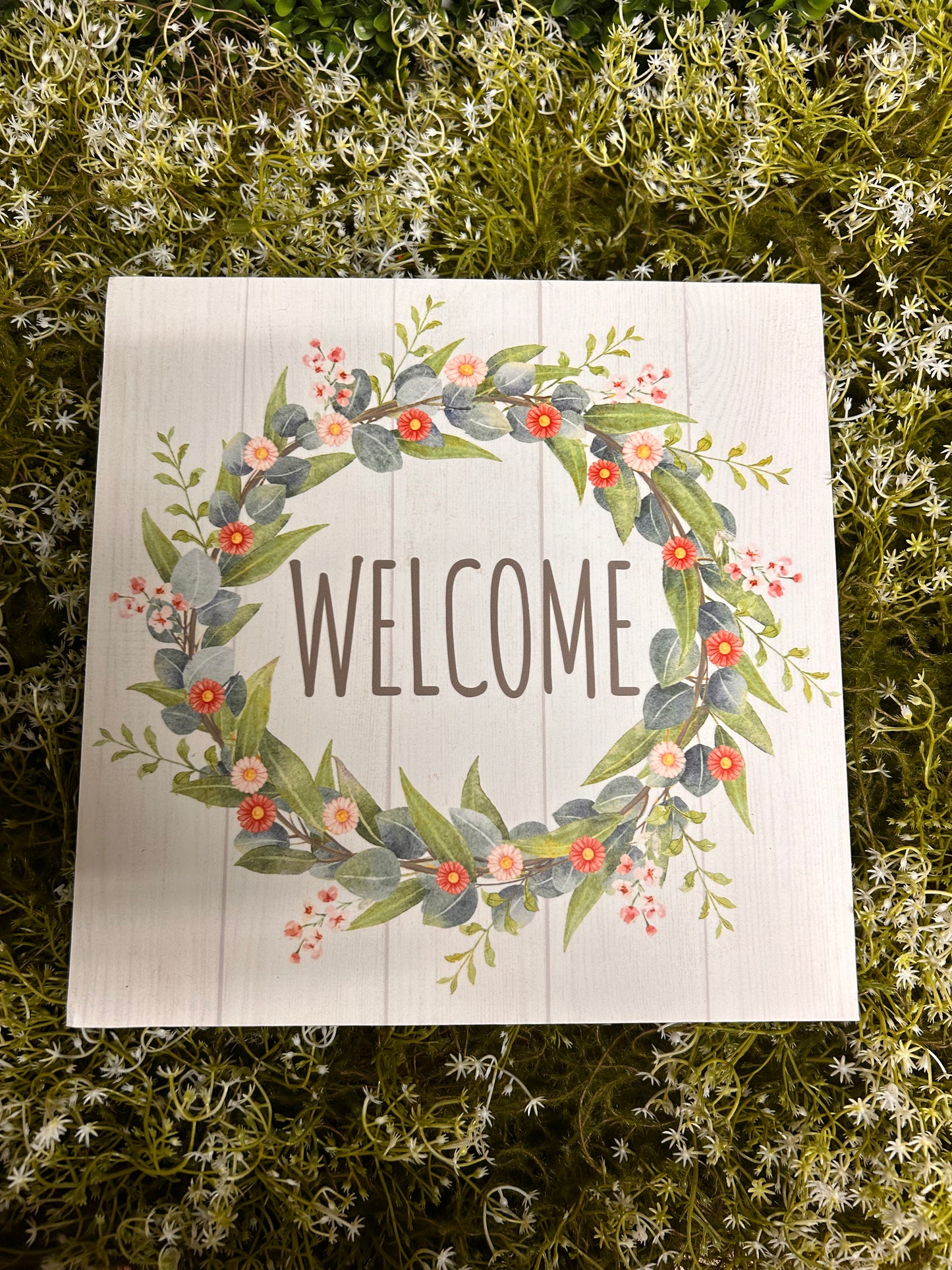 10 Inch Green Blue And Coral Spring Wreath Welcome Wood Sign