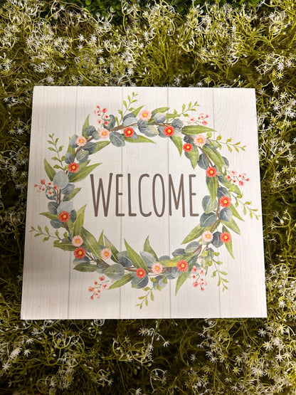 10 Inch Green Blue And Coral Spring Wreath Welcome Wood Sign
