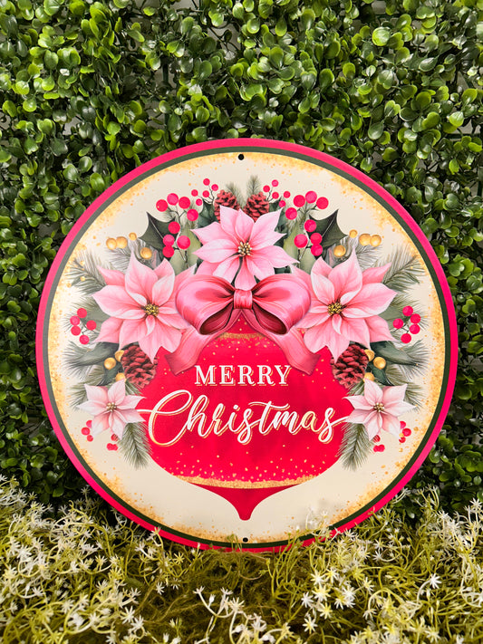 12 Inch Pink And Red Merry Christmas With Ornament Metal Sign