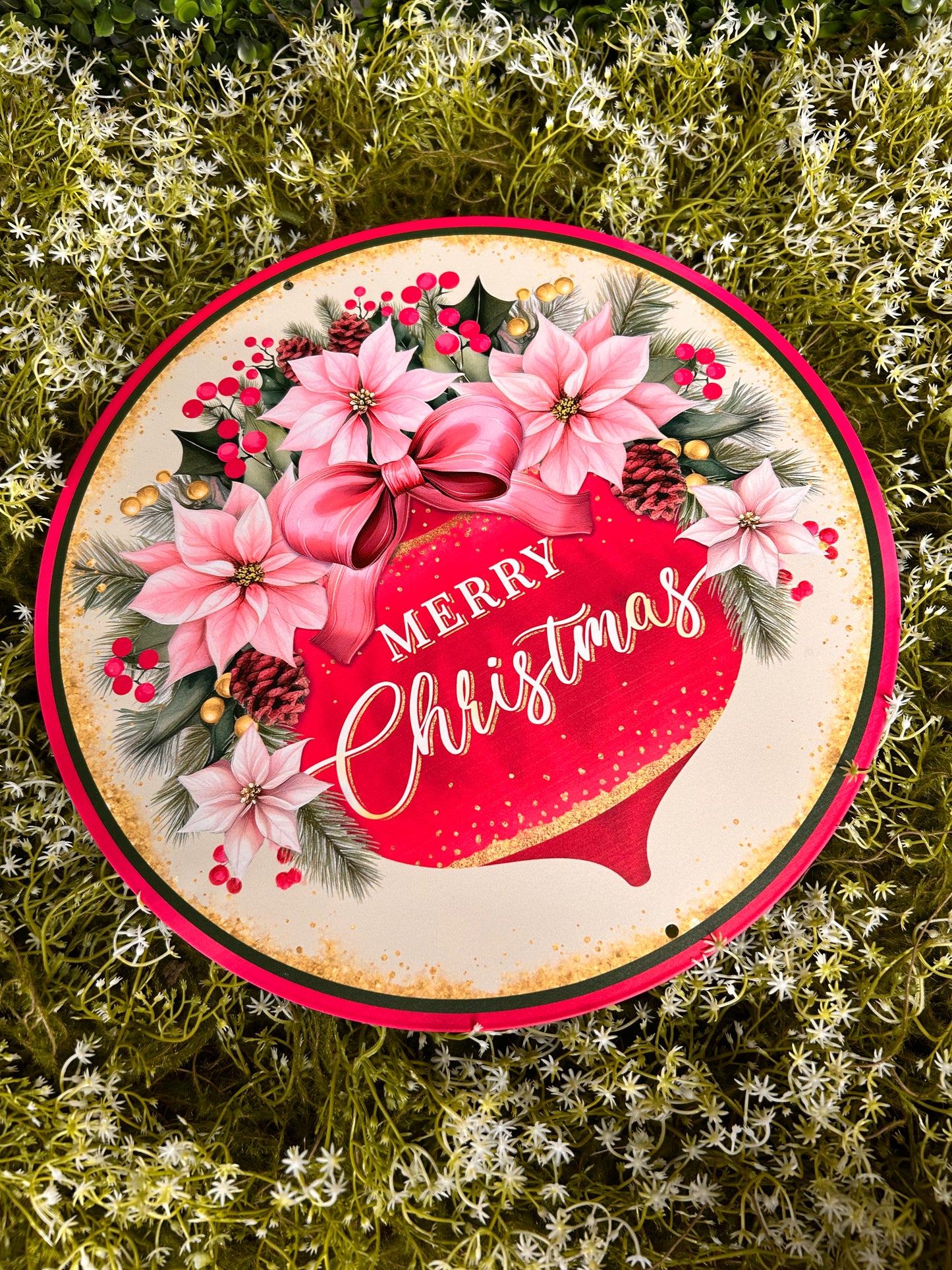 12 Inch Pink And Red Merry Christmas With Ornament Metal Sign