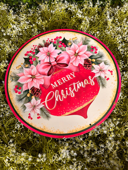 12 Inch Pink And Red Merry Christmas With Ornament Metal Sign