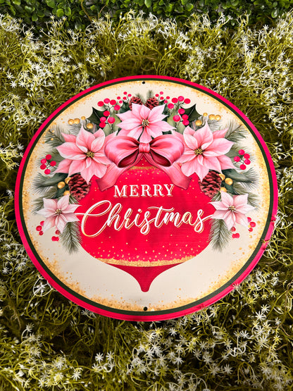 12 Inch Pink And Red Merry Christmas With Ornament Metal Sign
