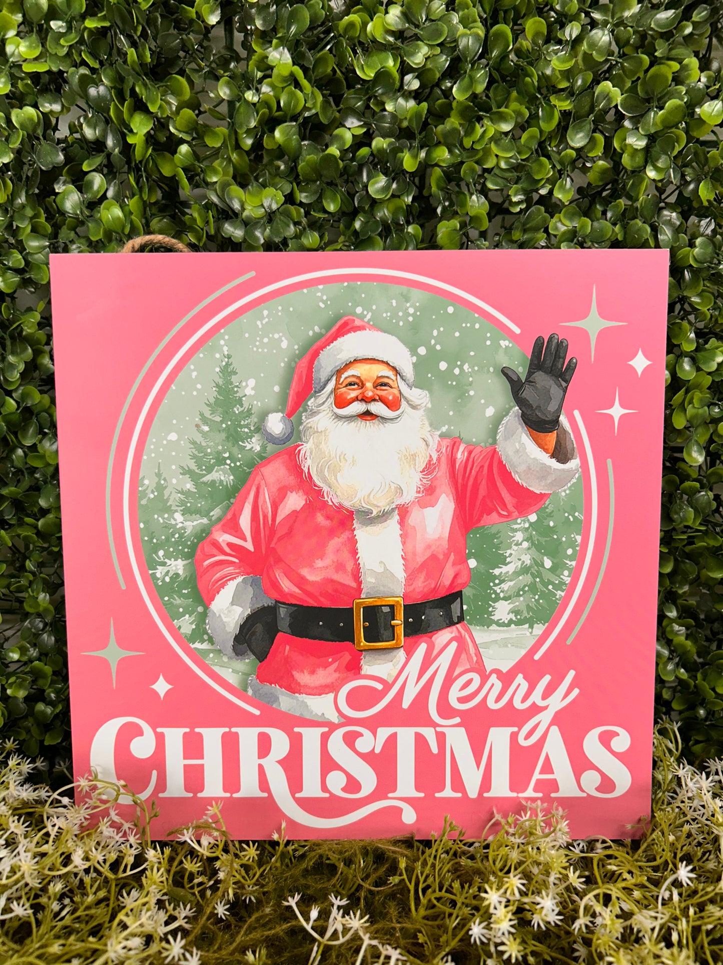 10 Inch Pink Merry Christmas Santa Claus Wood Square Sign