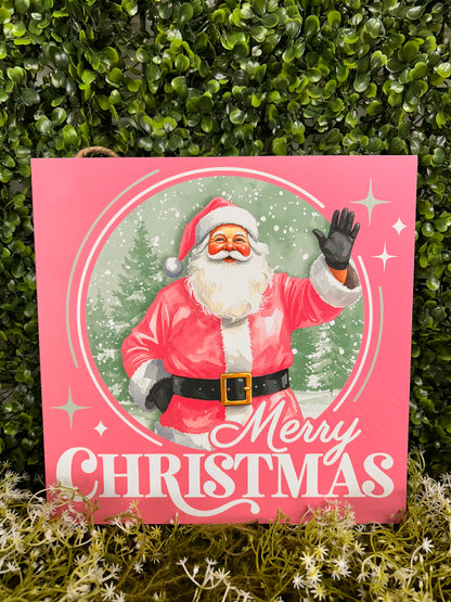 10 Inch Pink Merry Christmas Santa Claus Wood Square Sign