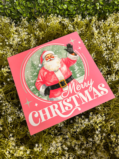 10 Inch Pink Merry Christmas Santa Claus Wood Square Sign