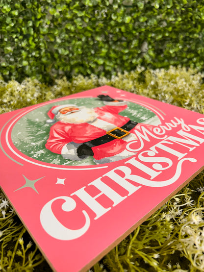 10 Inch Pink Merry Christmas Santa Claus Wood Square Sign