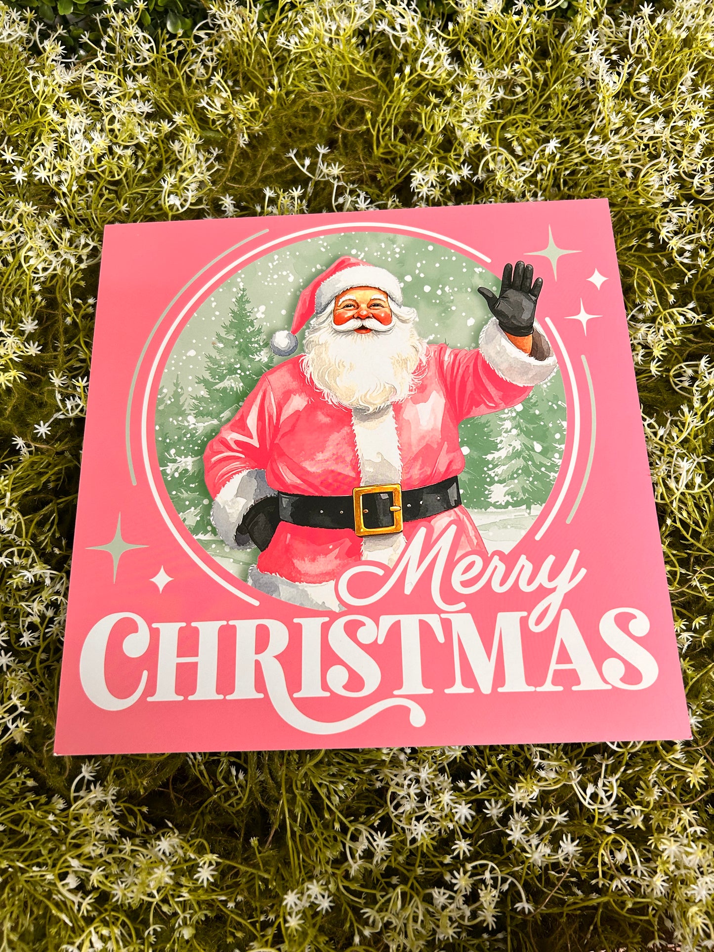 10 Inch Pink Merry Christmas Santa Claus Wood Square Sign