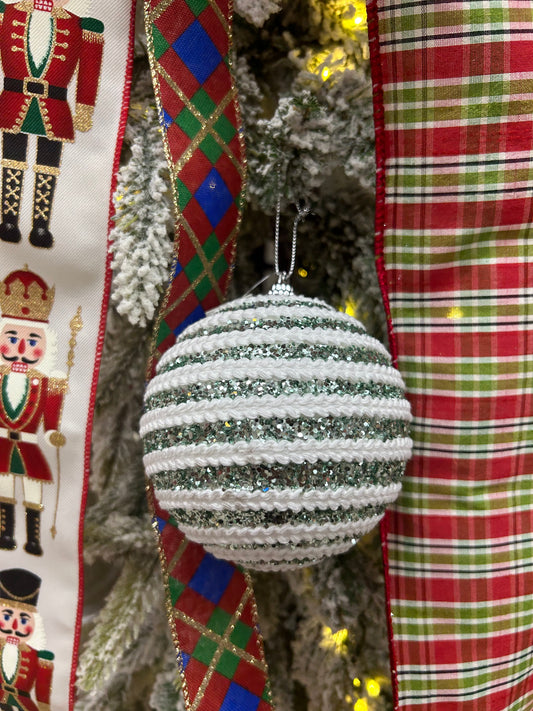 4 Inch Mint And White Sequin Ornament Ball