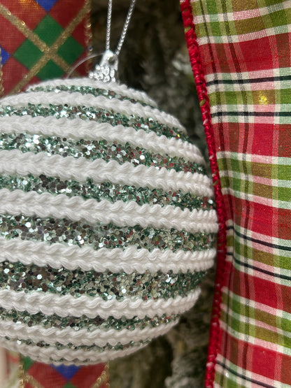 4 Inch Mint And White Sequin Ornament Ball