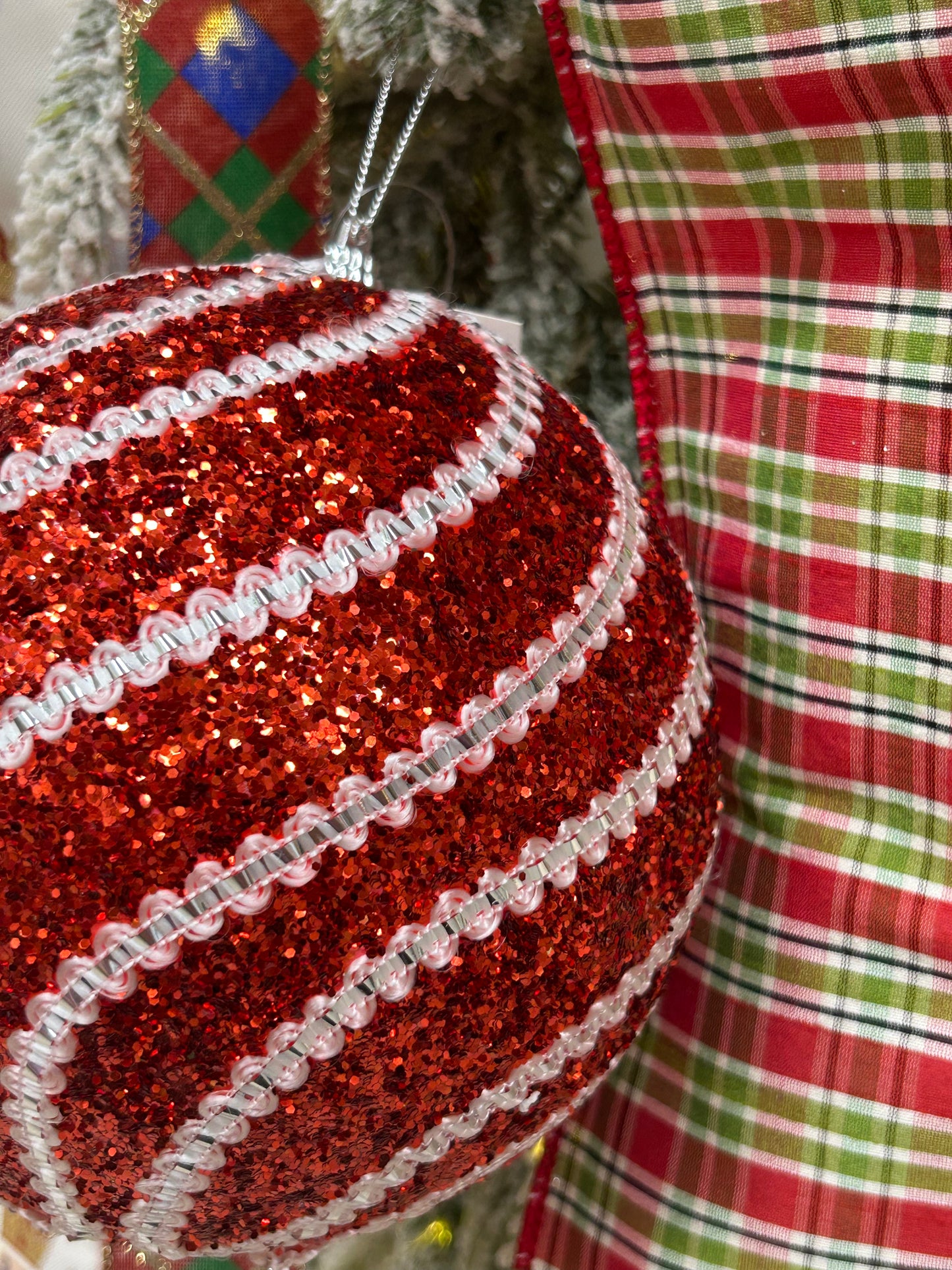 6 Inch Red And White Sequin Ball Ornament