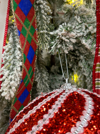 6 Inch Red And White Sequin Ball Ornament