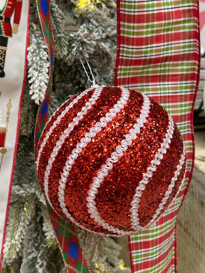 6 Inch Red And White Sequin Ball Ornament