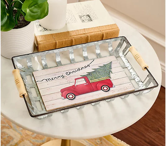Home Reflections 13" Galvanized Decorative Holiday Tray- Red Truck