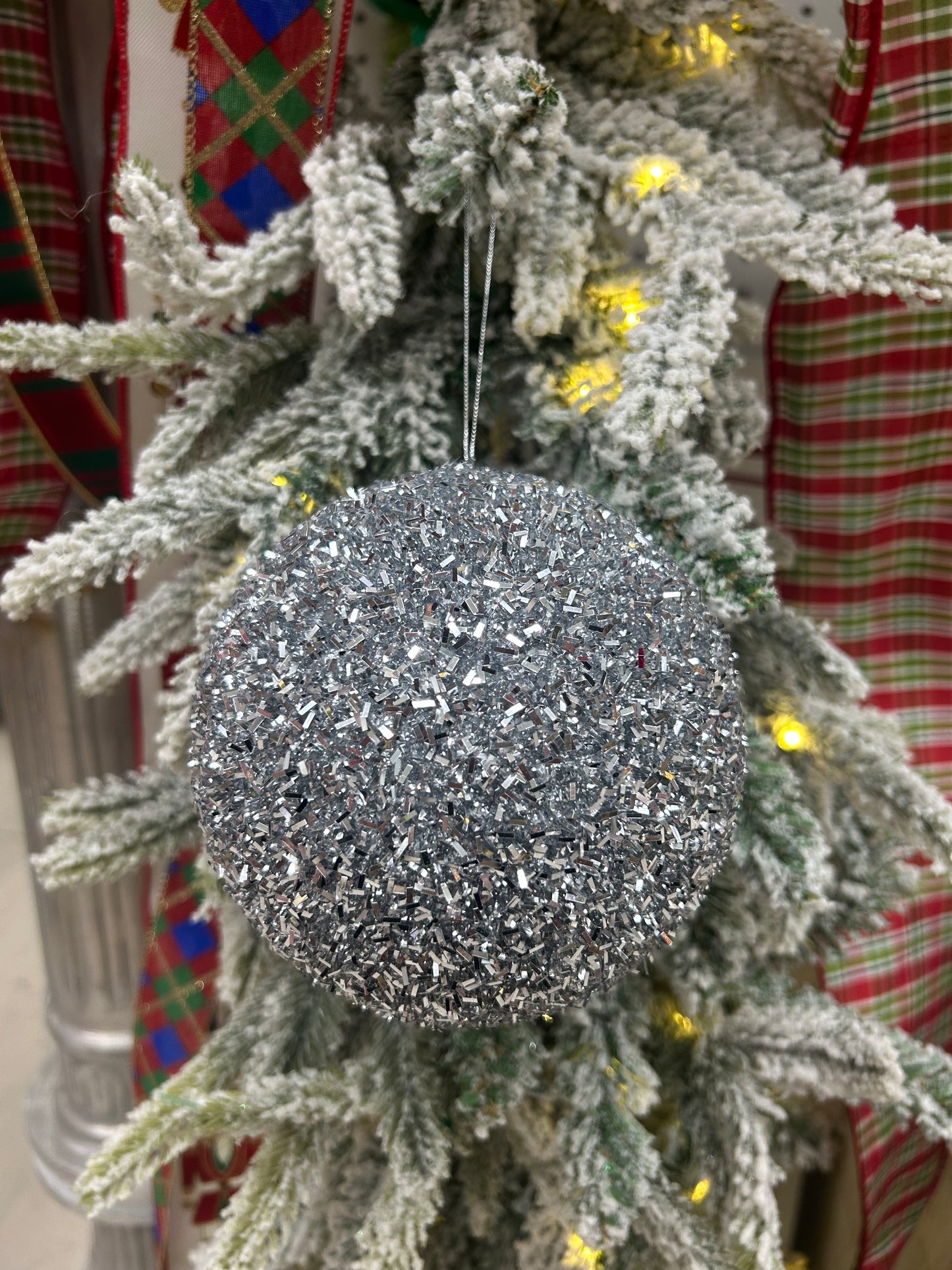 5 Inch Silver Foil Glitter Ornament Ball
