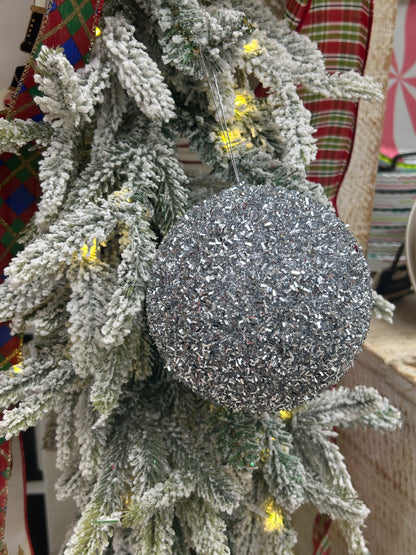5 Inch Silver Foil Glitter Ornament Ball