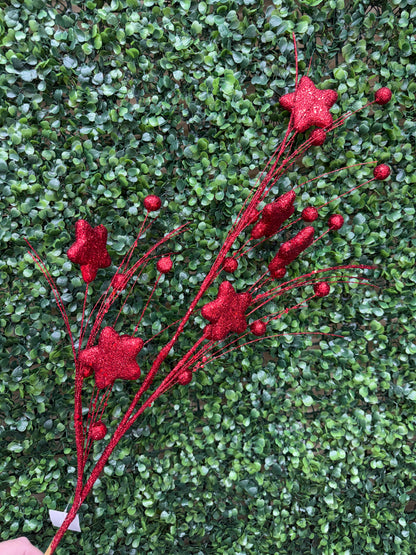 34 Inch Red Glitter Star Berry Pine Spray