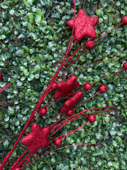 34 Inch Red Glitter Star Berry Pine Spray