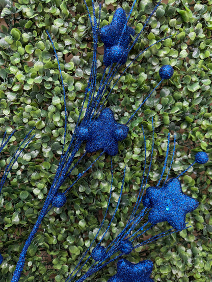 34 Inch Dark Blue Glitter Star Berry Pine Spray