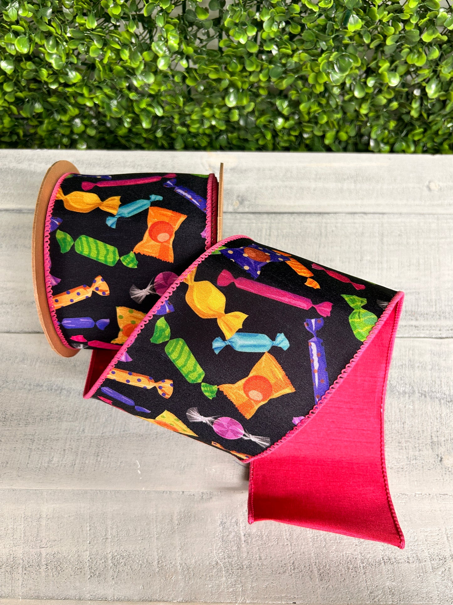 4 Inch By 10 Yard Halloween Candy Dupioni With Pink Backing Ribbon