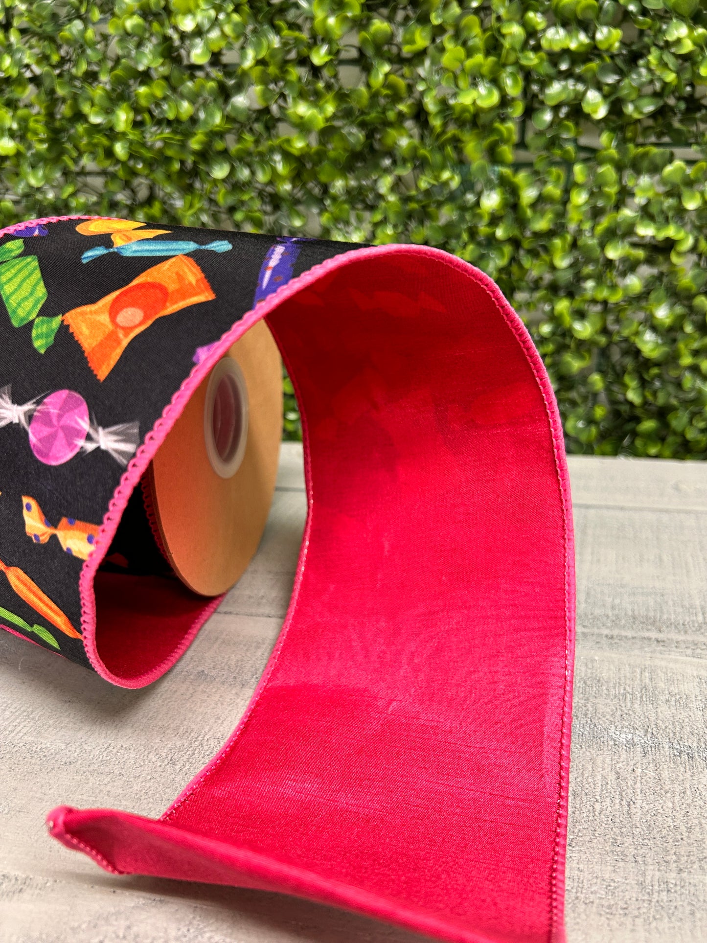 4 Inch By 10 Yard Halloween Candy Dupioni With Pink Backing Ribbon