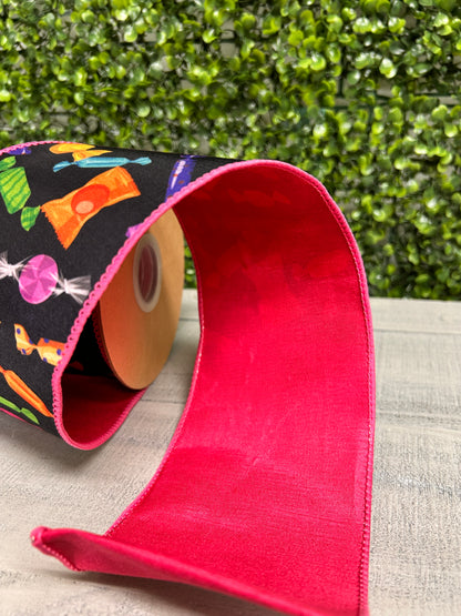 4 Inch By 10 Yard Halloween Candy Dupioni With Pink Backing Ribbon