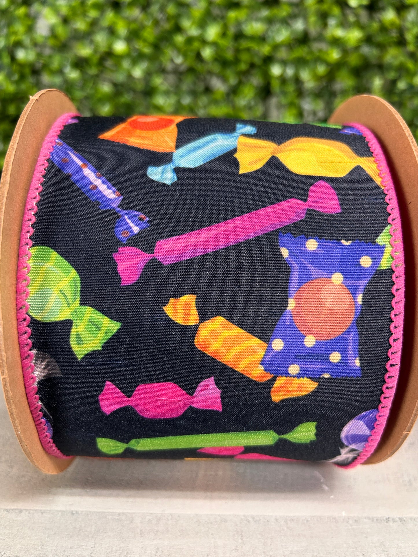 4 Inch By 10 Yard Halloween Candy Dupioni With Pink Backing Ribbon