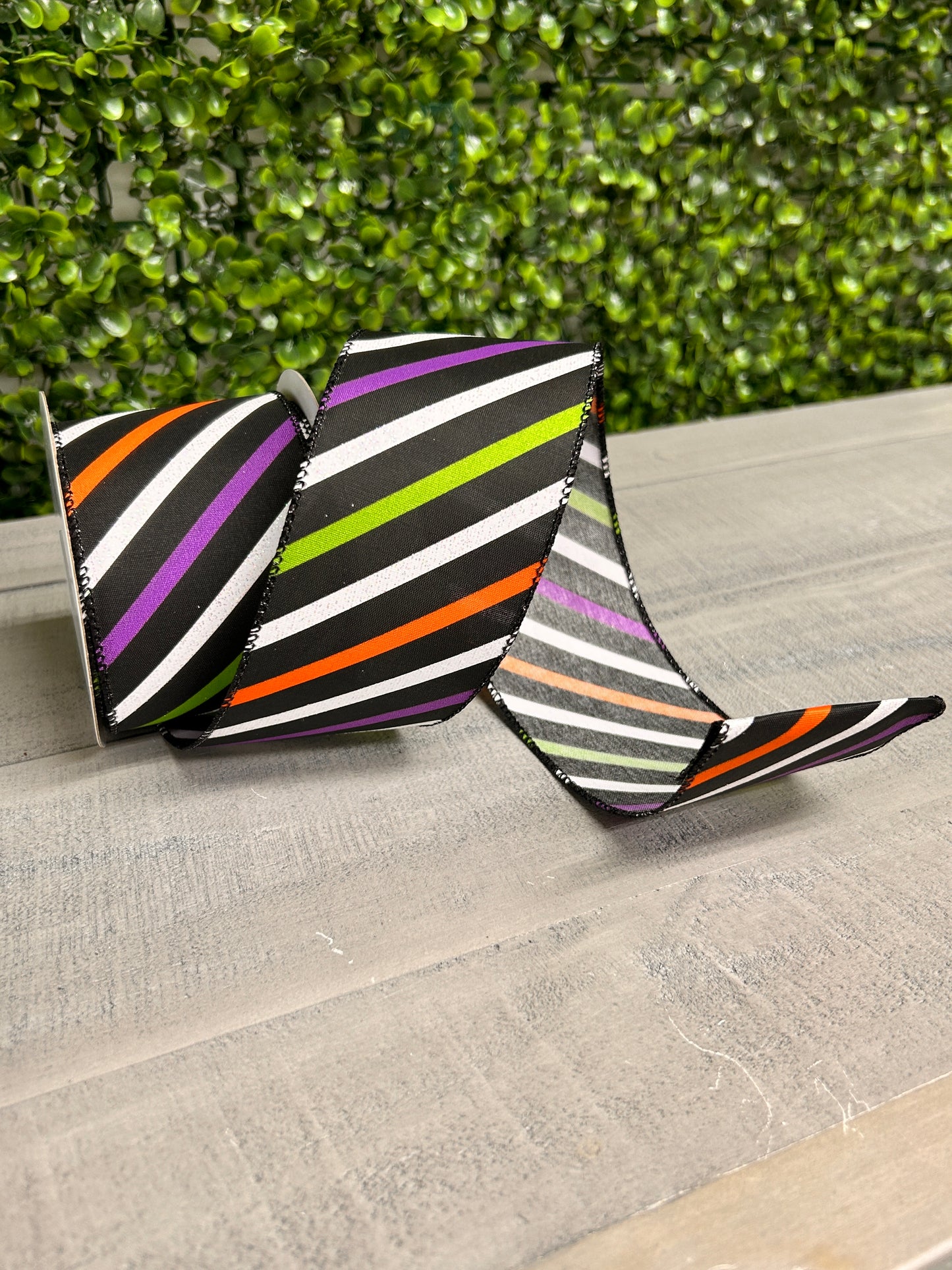2.5 Inch By 10 Yard Purple Black Lime White Striped Ribbon