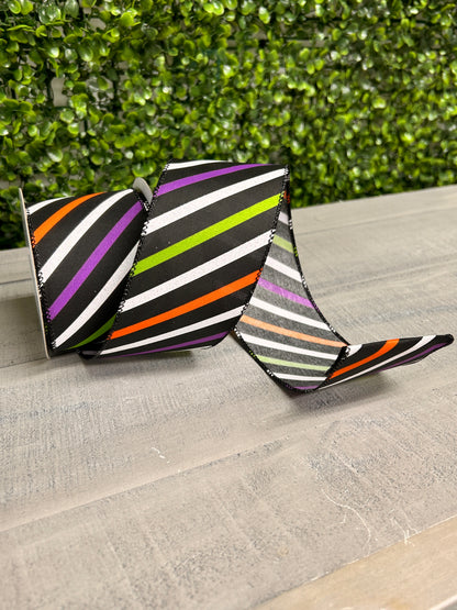 2.5 Inch By 10 Yard Purple Black Lime White Striped Ribbon
