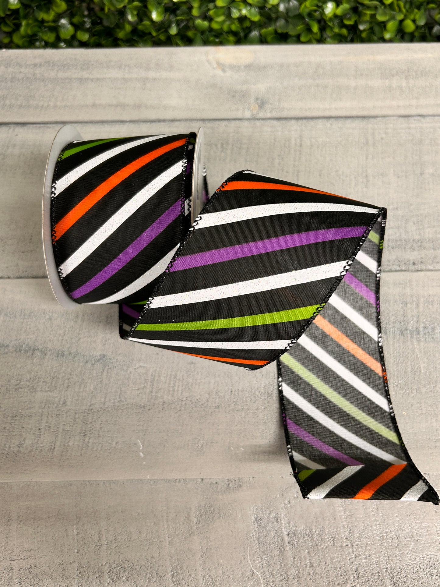 2.5 Inch By 10 Yard Purple Black Lime White Striped Ribbon