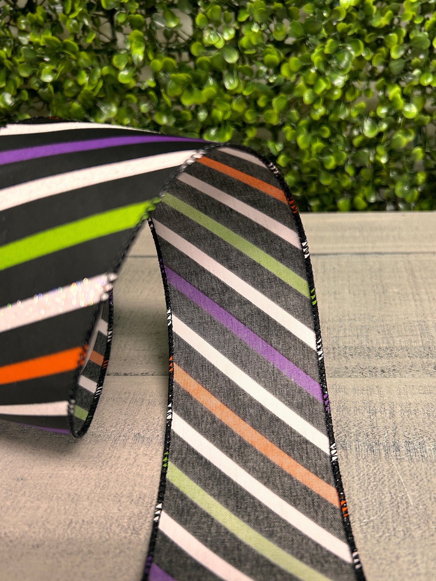 2.5 Inch By 10 Yard Purple Black Lime White Striped Ribbon