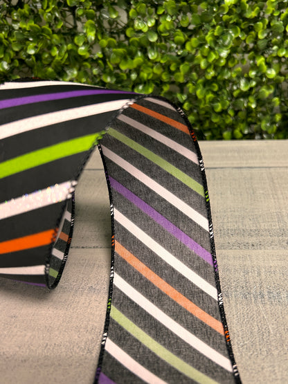 2.5 Inch By 10 Yard Purple Black Lime White Striped Ribbon