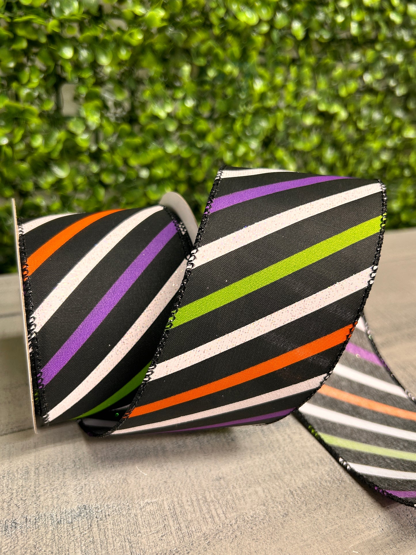 2.5 Inch By 10 Yard Purple Black Lime White Striped Ribbon