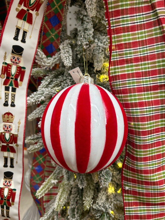 6 Inch Red And White Stripe Ball Ornament