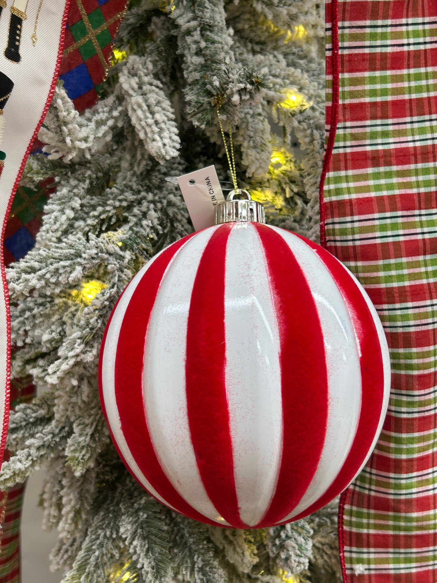 6 Inch Red And White Stripe Ball Ornament