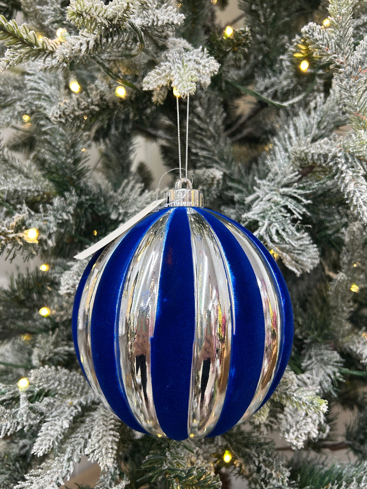 6 Inch Blue And Silver Stripe Ball Ornament