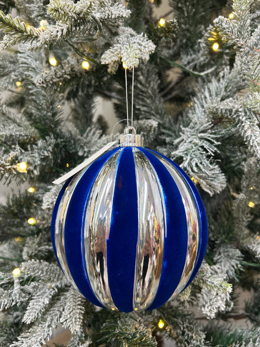 6 Inch Blue And Silver Stripe Ball Ornament