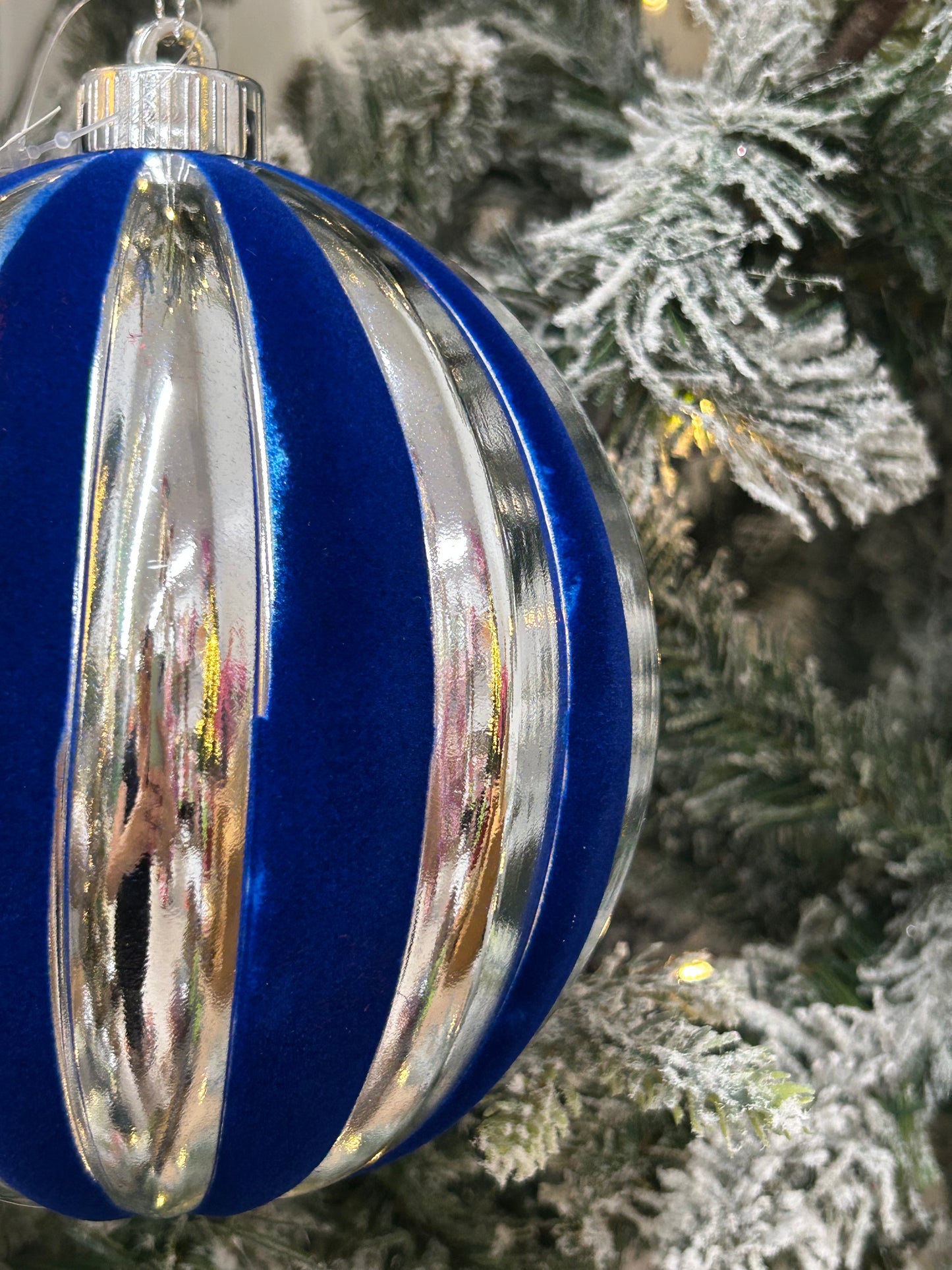 6 Inch Blue And Silver Stripe Ball Ornament