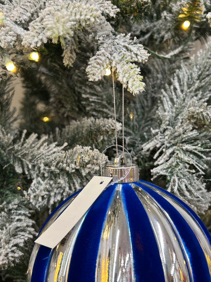 6 Inch Blue And Silver Stripe Ball Ornament